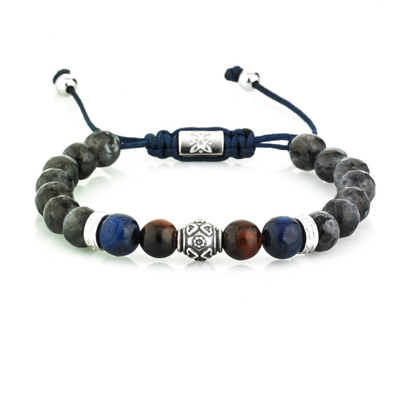 Bracciale Uomo Gerba LAB 134 Con Aulite Celeste E Occhio Di Tigre - Argento 925, Fatto A Mano In Italia